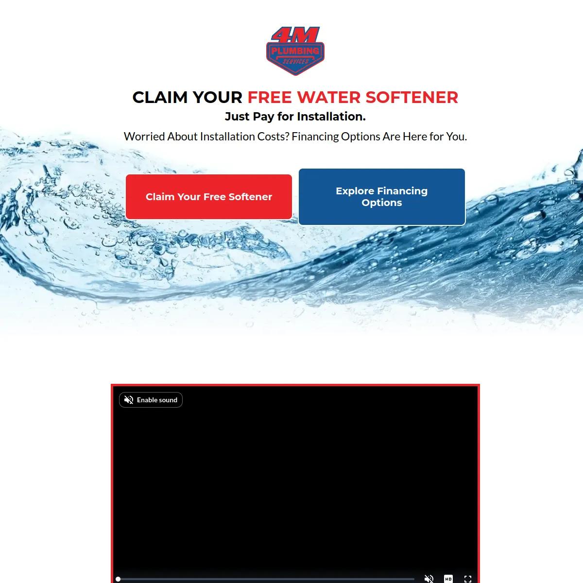 4M Plumbing Services free water softener promotion website homepage