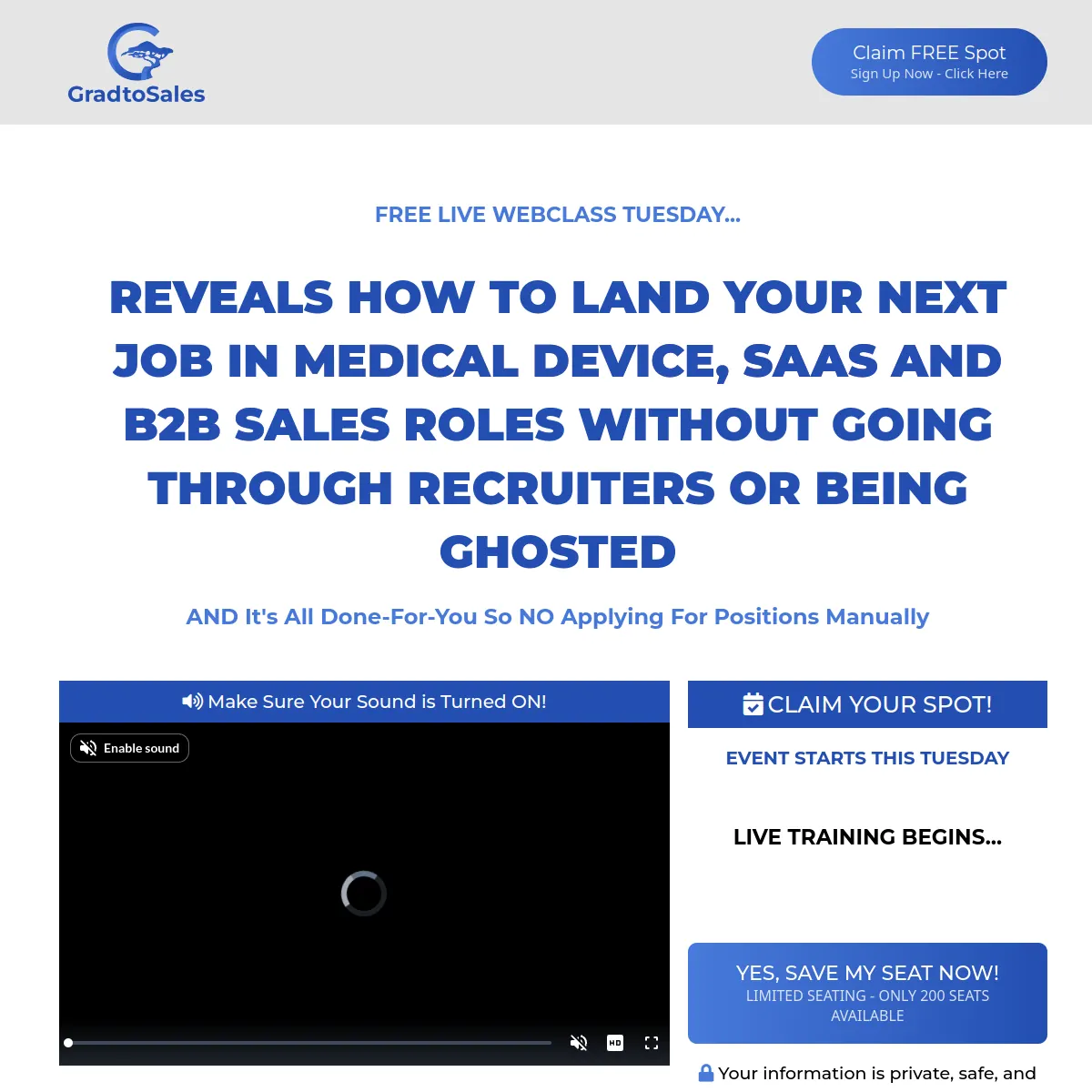 GradtoSales sales career webinar registration website homepage