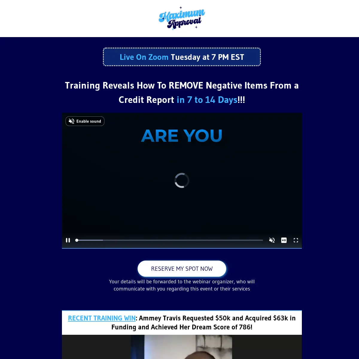 Maximum Approval credit repair webinar registration website homepage