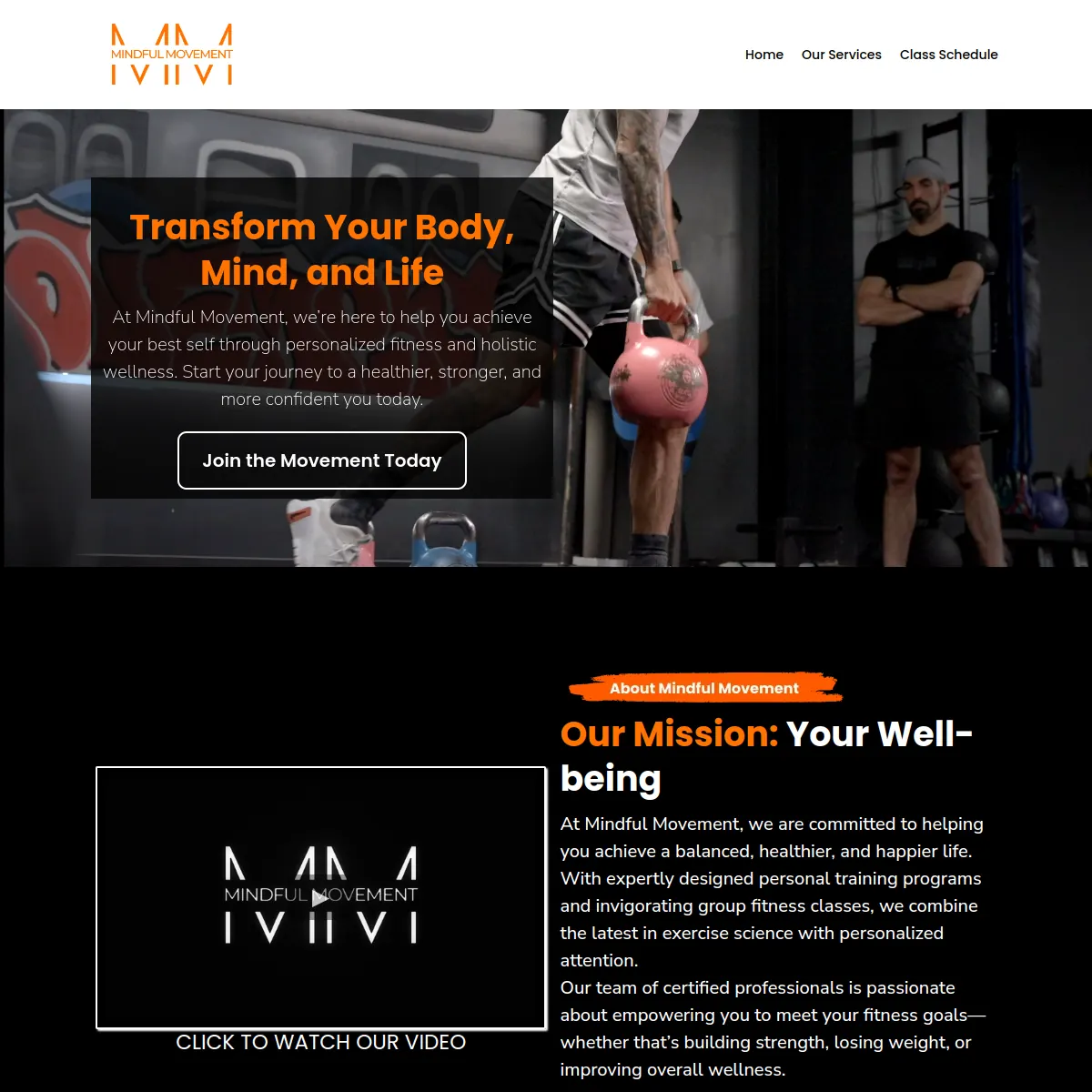 Mindful Movement personal training studio website homepage