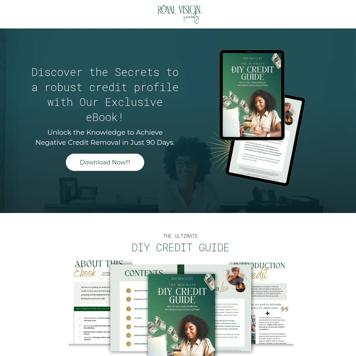 Royal Vision Society credit repair ebook funnel website homepage