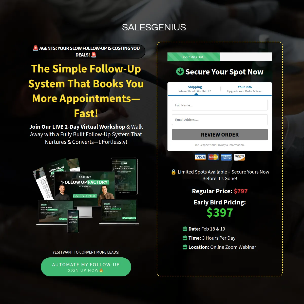 SalesGenius Follow Up Factory workshop event website homepage