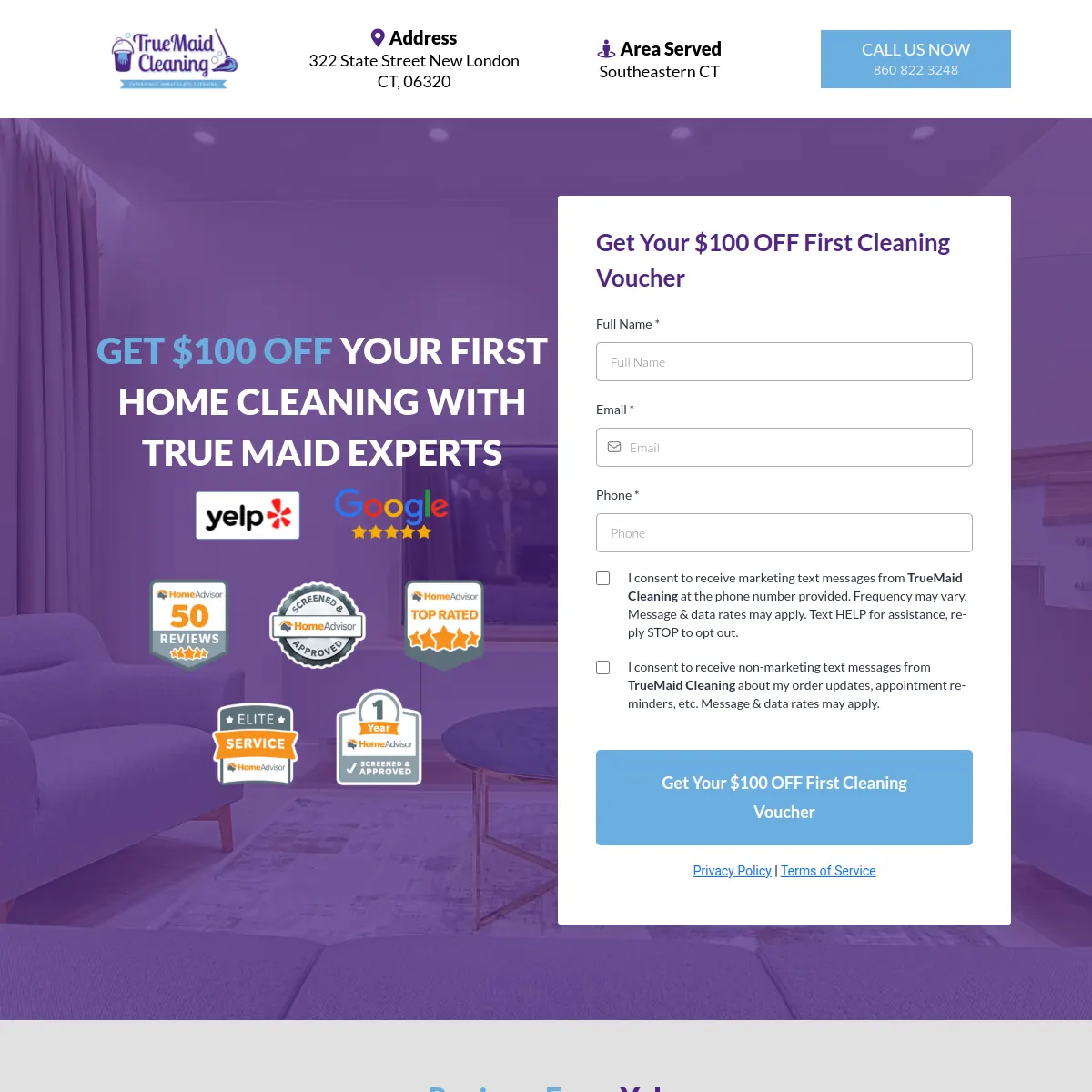 TrueMaid Cleaning $100 off first cleaning website homepage
