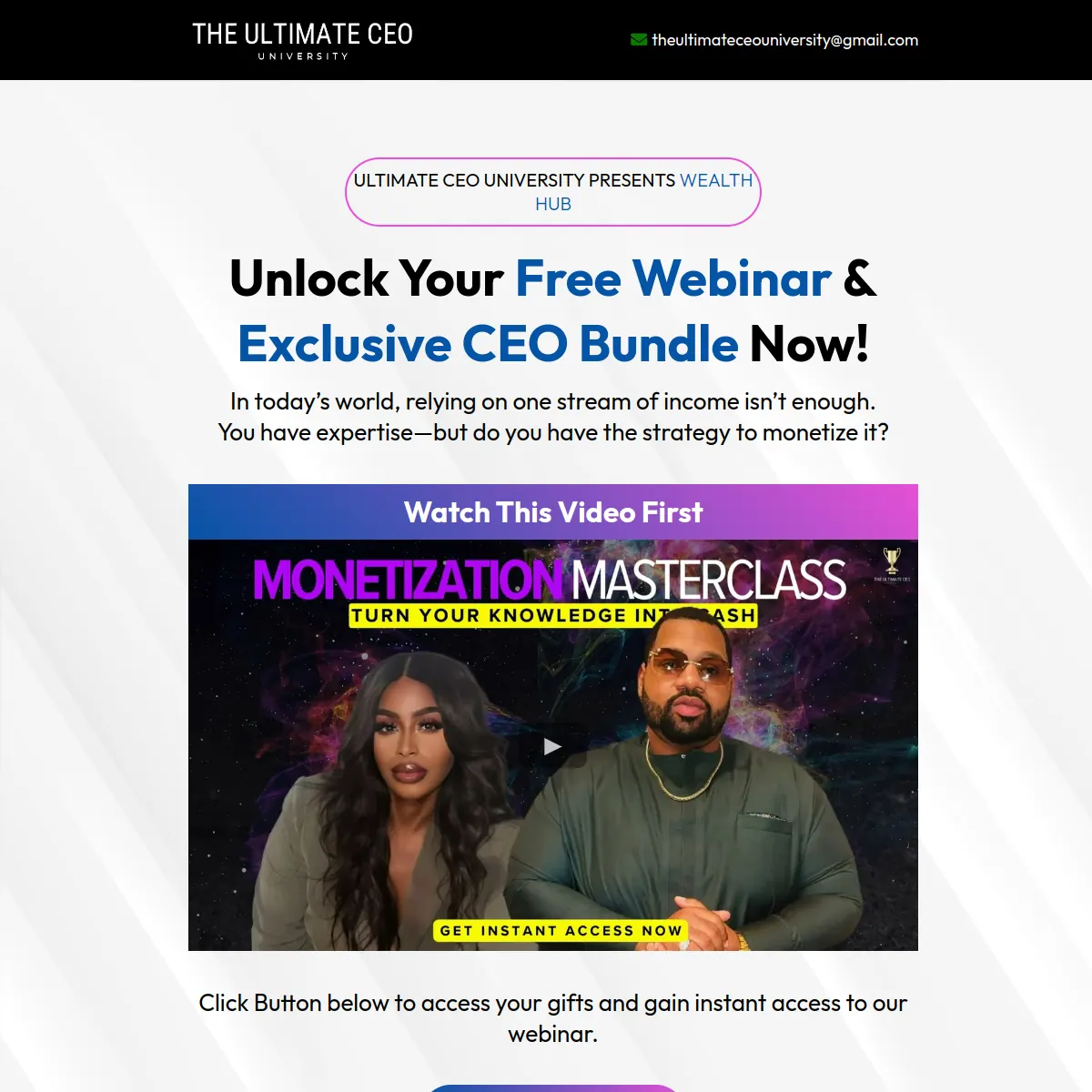 The Ultimate CEO University monetization webinar website homepage