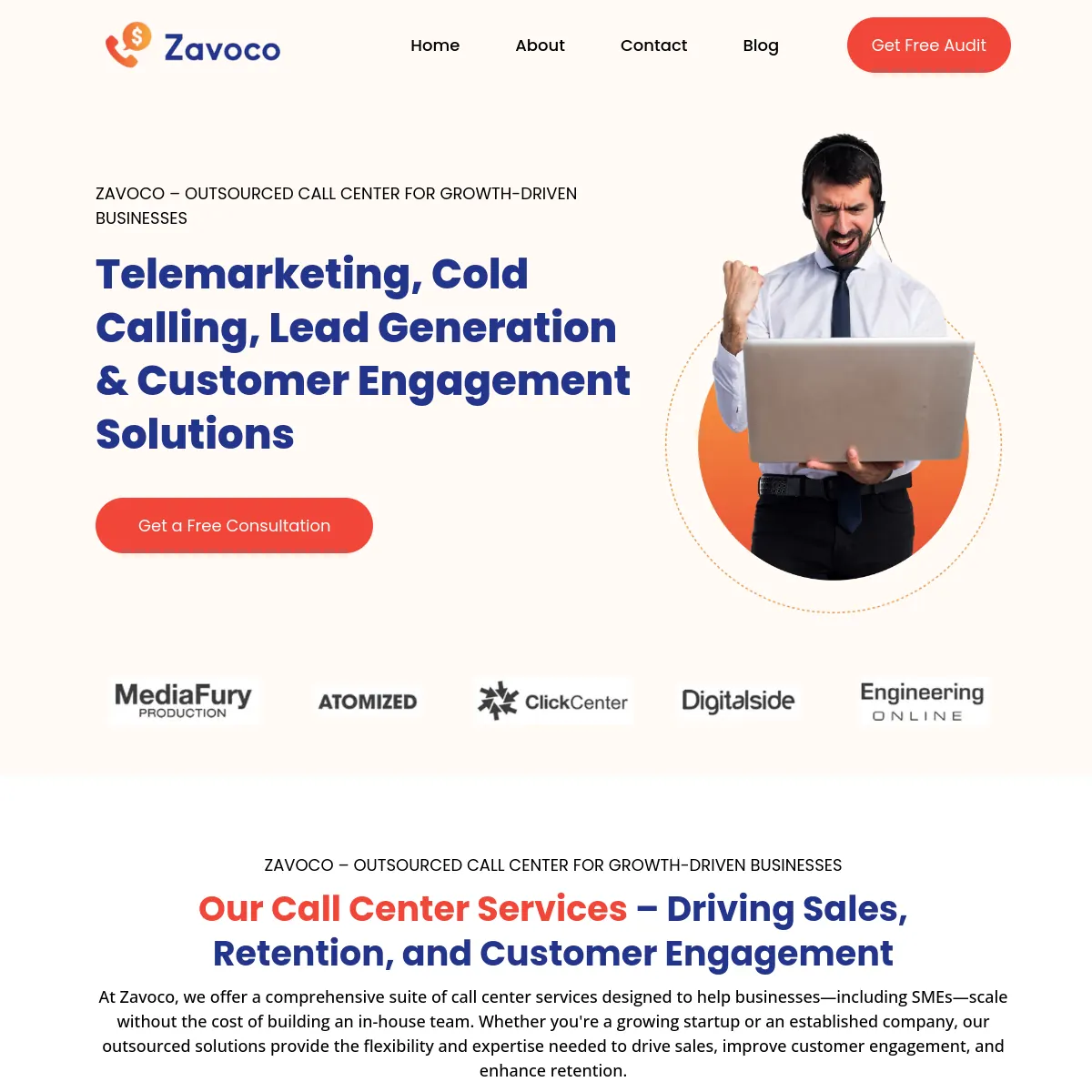 Zavoco outsourced call center website homepage